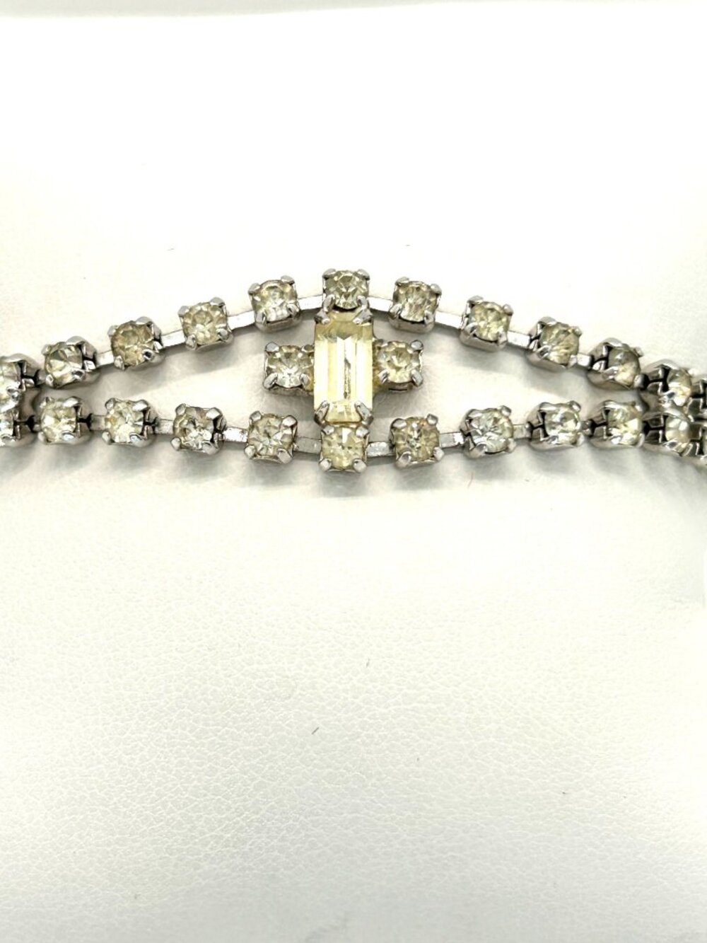 Vintage Clear Rhinestone Bracelet With Double Row Center Baguette Stone 7 Inch